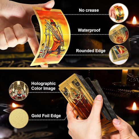 CASSAIO 78 بطاقة التارو مع كتاب دليل، مجموعة بطاقات التارو، سطح التارو الذهبي مع حامل بطاقة التارو، حقيبة التارو، قماش التارو، أحجار شقرا، سطح التارو مقاوم للماء للمبتدئين واللاعبين الخبراء مع صندوق in Kuwait