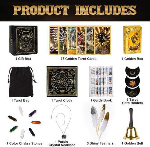 CASSAIO 78 بطاقة التارو مع كتاب دليل، مجموعة بطاقات التارو، سطح التارو الذهبي مع حامل بطاقة التارو، حقيبة التارو، قماش التارو، أحجار شقرا، سطح التارو مقاوم للماء للمبتدئين واللاعبين الخبراء مع صندوق in Kuwait