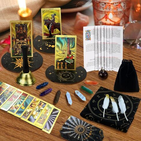 CASSAIO 78 بطاقة التارو مع كتاب دليل، مجموعة بطاقات التارو، سطح التارو الذهبي مع حامل بطاقة التارو، حقيبة التارو، قماش التارو، أحجار شقرا، سطح التارو مقاوم للماء للمبتدئين واللاعبين الخبراء مع صندوق in Kuwait