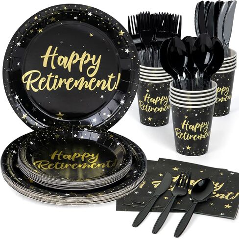 Decorlife Retirement Plates and Napkins Sets Serves 16 with Fringe Curtains, Happy Retirement Decorations, Paper Plates Set, Happy Retirement Banner, Balloons, Total 136 PCS in Saudi Arabia