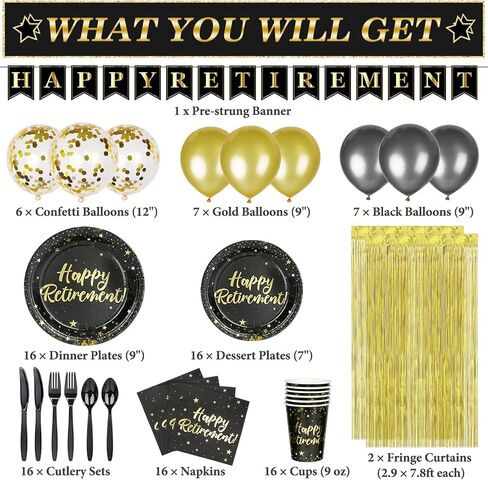 Decorlife Retirement Plates and Napkins Sets Serves 16 with Fringe Curtains, Happy Retirement Decorations, Paper Plates Set, Happy Retirement Banner, Balloons, Total 136 PCS in Saudi Arabia