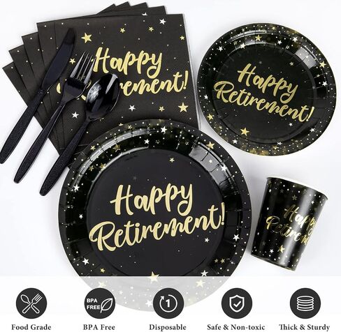 Decorlife Retirement Plates and Napkins Sets Serves 16 with Fringe Curtains, Happy Retirement Decorations, Paper Plates Set, Happy Retirement Banner, Balloons, Total 136 PCS in Saudi Arabia