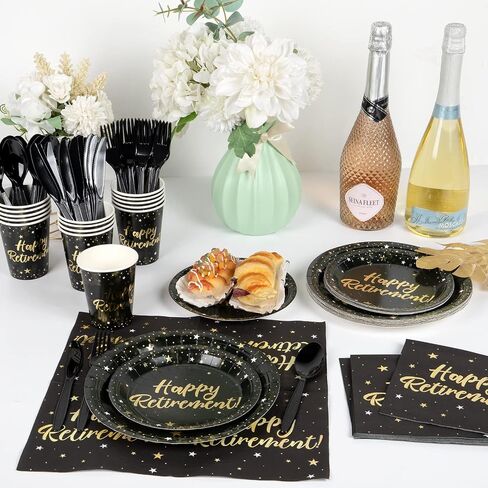 Decorlife Retirement Plates and Napkins Sets Serves 16 with Fringe Curtains, Happy Retirement Decorations, Paper Plates Set, Happy Retirement Banner, Balloons, Total 136 PCS in Saudi Arabia