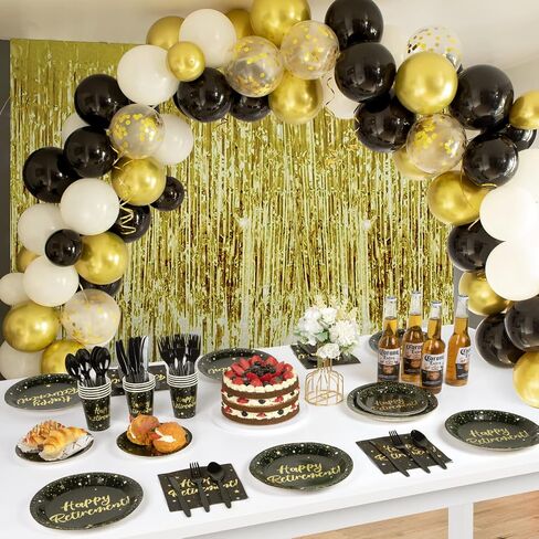Decorlife Retirement Plates and Napkins Sets Serves 16 with Fringe Curtains, Happy Retirement Decorations, Paper Plates Set, Happy Retirement Banner, Balloons, Total 136 PCS in Saudi Arabia