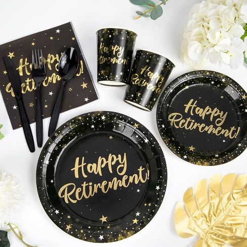 Decorlife Retirement Plates and Napkins Sets Serves 16 with Fringe Curtains, Happy Retirement Decorations, Paper Plates Set, Happy Retirement Banner, Balloons, Total 136 PCS in Saudi Arabia