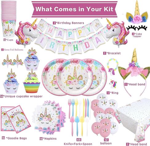 مجموعة لوازم حفلات أعياد الميلاد بتصميم أحادي القرن من جونجيهونج، تخدم 16 قطعة، ملونة in Kuwait