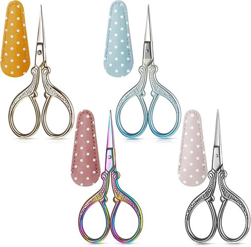 Honoson 4 Pcs Sewing Embroidery Scissors with 4 Pcs Artificial Leather Cover 3.6 Inch Stainless Steel Stork Scissors Vintage Embroidery for Needlework Manual Sewing Handicraft (Simple,Chic Colors) in Kuwait
