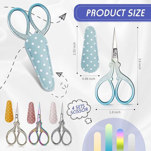 Honoson 4 Pcs Sewing Embroidery Scissors with 4 Pcs Artificial Leather Cover 3.6 Inch Stainless Steel Stork Scissors Vintage Embroidery for Needlework Manual Sewing Handicraft (Simple,Chic Colors) in Kuwait