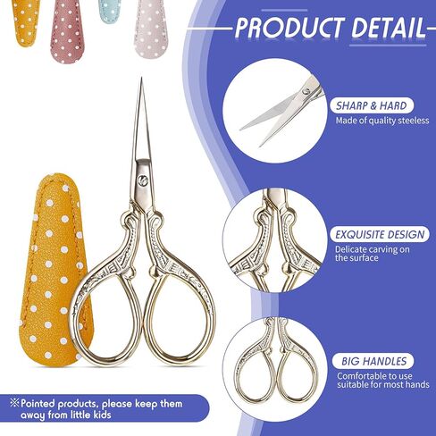 Honoson 4 Pcs Sewing Embroidery Scissors with 4 Pcs Artificial Leather Cover 3.6 Inch Stainless Steel Stork Scissors Vintage Embroidery for Needlework Manual Sewing Handicraft (Simple,Chic Colors) in Kuwait