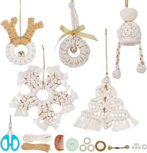 INFUNLY 5 مجموعة Macrame Snowflake Kit عيد الميلاد Macrame الحلي مع تعليمات الشتاء DIY Macrame Kit للمبتدئين البالغين، Mini Boho Macrame الجدار شنقا لعيد الميلاد المنزل عيد ميلاد حفل زفاف ديكور in Saudi Arabia