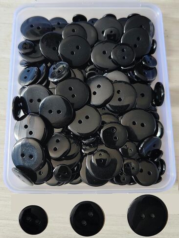 زر أسود للخياطة - 200 قطعة من أزرار معطف الجينز المتنوعة - فتحتين كبيرتين مشبك زينة مصنوع يدويًا مع 3 مقاسات للملابس، قبعة البنطلون، مجموعة مشبك خياطة يدوية من الراتنج الدائري in Kuwait