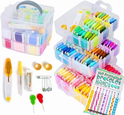 كتاب اثينا اليمنتس مجموعة خيوط التطريز - 150 لون من خيوط التطريز مع غرز متقاطعة، ادوات خيط الخياطة، منظم شفاف من 3 طبقات ودليل صنع الاساور in Kuwait