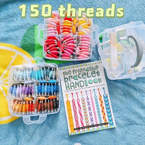 كتاب اثينا اليمنتس مجموعة خيوط التطريز - 150 لون من خيوط التطريز مع غرز متقاطعة، ادوات خيط الخياطة، منظم شفاف من 3 طبقات ودليل صنع الاساور in Kuwait