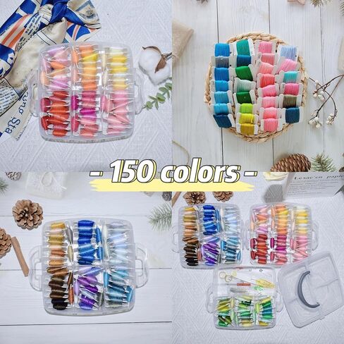 كتاب اثينا اليمنتس مجموعة خيوط التطريز - 150 لون من خيوط التطريز مع غرز متقاطعة، ادوات خيط الخياطة، منظم شفاف من 3 طبقات ودليل صنع الاساور in Kuwait