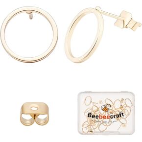 Beebeecraft 20Pcs/Box 18K Gold Plated Circle Earring Studs Round Geometry Earring Posts with 20Pcs Butterfly Ear Back for Valentine's Day Jewelry Making DIY Crafts