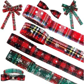 4 Rolls Christmas Plaid Ribbon Snowflake Plaid Burlap Ribbon Christmas Wrapping Ribbon for Christmas Tree Home Wrapping Craft Decoration, 24 Yards(0.4 Inch)