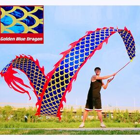 DSJUGGLING 3D Dragon Poi مع كرة مرجحة 340 جرام وحبل متأرجح بطول 1.1 متر - حرير متدفق يهتز ويقذف شريط التنين الذهبي الصيني + حقيبة سفر! (6 أمتار (19.6 قدمًا)، التنين الأزرق الذهبي)