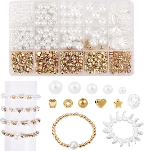 NQEUEPN 610 قطعة خرز لصنع الأساور، 4/6/8/10/12 مم مجموعة خرز اللؤلؤ DIY لصنع المجوهرات الساحرة خرز فاصل فضفاض خرز اللؤلؤ لصنع الأساور والمجوهرات (أبيض) in Kuwait