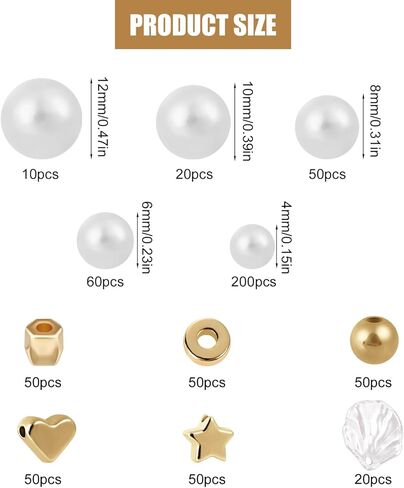 NQEUEPN 610 قطعة خرز لصنع الأساور، 4/6/8/10/12 مم مجموعة خرز اللؤلؤ DIY لصنع المجوهرات الساحرة خرز فاصل فضفاض خرز اللؤلؤ لصنع الأساور والمجوهرات (أبيض) in Kuwait