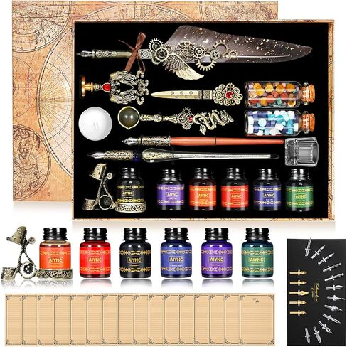 Quill Pen and Ink Set, Feather Pen Ink Set, Wax Seal Stamp Kit, Calligraphy Set, Valentine's Day Gifts for Writing Lovers Birthday Gifts, Ideal Calligraphy Gifts for Holidays(Peacock Feather) in Kuwait