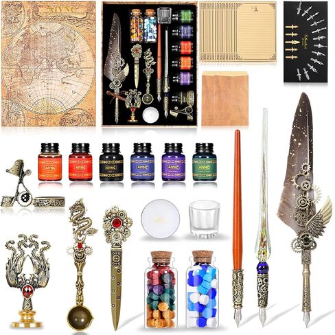 Quill Pen and Ink Set, Feather Pen Ink Set, Wax Seal Stamp Kit, Calligraphy Set, Valentine's Day Gifts for Writing Lovers Birthday Gifts, Ideal Calligraphy Gifts for Holidays(Peacock Feather) in Kuwait