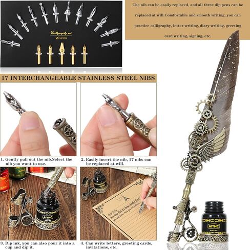 Quill Pen and Ink Set, Feather Pen Ink Set, Wax Seal Stamp Kit, Calligraphy Set, Valentine's Day Gifts for Writing Lovers Birthday Gifts, Ideal Calligraphy Gifts for Holidays(Peacock Feather) in Kuwait
