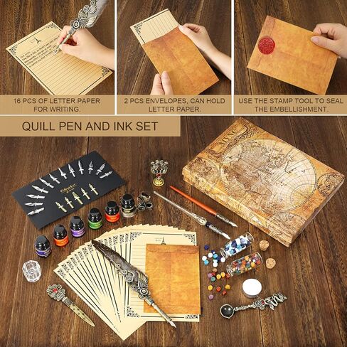 Quill Pen and Ink Set, Feather Pen Ink Set, Wax Seal Stamp Kit, Calligraphy Set, Valentine's Day Gifts for Writing Lovers Birthday Gifts, Ideal Calligraphy Gifts for Holidays(Peacock Feather) in Kuwait