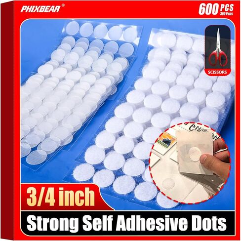 PHIXBEAR 600 Pcs 3/4 inch Large Strong Self Adhesive Dots, Hook and Loop Dots for Classroom, 300 Pairs White Sticky Dots, Circles 0.79" in Kuwait