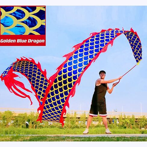 DSJUGGLING 3D Dragon Poi مع كرة مرجحة 340 جرام وحبل متأرجح بطول 1.1 متر - حرير متدفق يهتز ويقذف شريط التنين الذهبي الصيني + حقيبة سفر! (6 أمتار (19.6 قدمًا)، التنين الأزرق الذهبي) in Kuwait