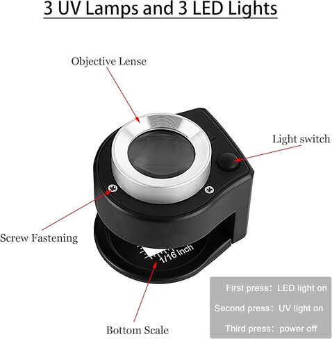 مكبرة 30 أضعاف لوب، عدسة مكبرة معدنية سطح المكتب قابلة لإعادة الشحن عبر USB مع ضوء LED أبيض وإضاءة بنفسجية مع ميزان لأدوات المجوهرات النسيجية ختم العملات المعدنية (مع مكبر محمول) in Kuwait
