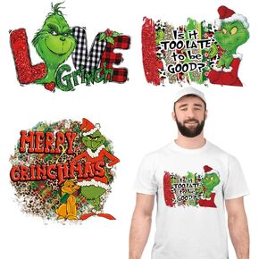 3 أوراق عيد الميلاد الحديد على النقل جاهزة للضغط على نقل الحرارة الفينيل نقل الحرارة الوحش الشعر الأخضر نقل عيد الميلاد الحديد على الشارات للقمصان الملابس قبعة أكياس وسادة DIY اللوازم الحرفية in Kuwait