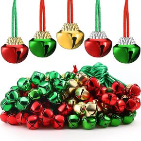 Charniol 100 Pieces Christmas Bell Necklaces Large Gold Holiday with Ribbons for Craft Home Decoration Party Accessories Stocking Stuffers (Gold, Silver, Red and Green) in Saudi Arabia