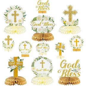 ANGOLIO White Gold Floral Honeycomb Centerpieces - 12Pcs Rose Greenery God Baptism Honeycomb Centerpieces Baby Shower Decor for Boy Girl Party Decor 3D Table Toppers God Bless First Communion Birthday