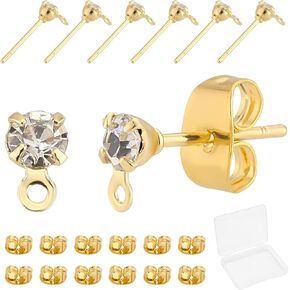 Beebeecraft 30Pcs/Box 3 Style 18K Gold Plated Stud Earrings Teardrop Flat Round Trapezoid Cubic Zirconia Earring Posts with Loop and Butterfly Earring Backs for Earring Making Crafts