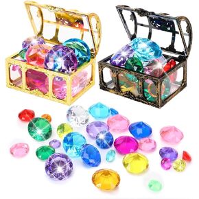 MARFOREVER 70 Pcs Diving Gem Pool Toys -10 Colorful Big Acrylic Diamond Pool Gem Set with 2 Treasure Pirate Boxes Summer Swimming Party Favors Underwater Gem Diving Dive Throw Toy for Boys and Girls