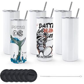 AGH 6 Pack 22 oz White Sublimation Tumblers with Metal Straw, Stainless Steel Double Wall Insulated Straight Fatty Cups Blank with Splash Lid