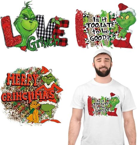 3 أوراق عيد الميلاد الحديد على النقل جاهزة للضغط على نقل الحرارة الفينيل نقل الحرارة الوحش الشعر الأخضر نقل عيد الميلاد الحديد على الشارات للقمصان الملابس قبعة أكياس وسادة DIY اللوازم الحرفية in Kuwait