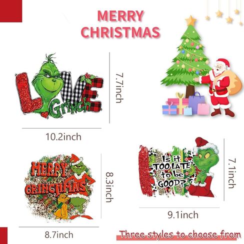 3 أوراق عيد الميلاد الحديد على النقل جاهزة للضغط على نقل الحرارة الفينيل نقل الحرارة الوحش الشعر الأخضر نقل عيد الميلاد الحديد على الشارات للقمصان الملابس قبعة أكياس وسادة DIY اللوازم الحرفية in Kuwait