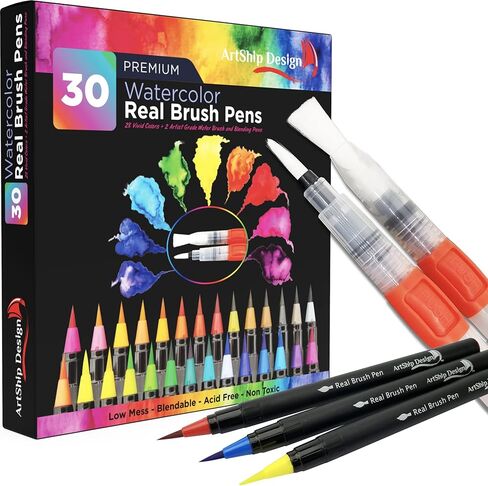 50 Bonus Pack Watercolor Brush Pens Combo Pack, 48 Colors 2 Water Brushes, Flexible Real Nylon Brush Tips, for Watercolor Painting Calligraphy Coloring, Beginner or Artist, Portable, Low Mess in Kuwait