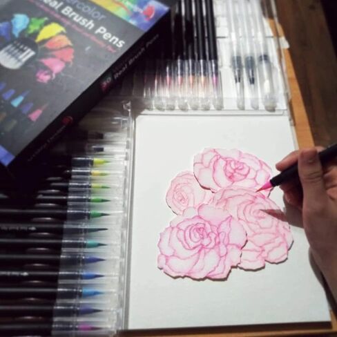 50 Bonus Pack Watercolor Brush Pens Combo Pack, 48 Colors 2 Water Brushes, Flexible Real Nylon Brush Tips, for Watercolor Painting Calligraphy Coloring, Beginner or Artist, Portable, Low Mess in Kuwait