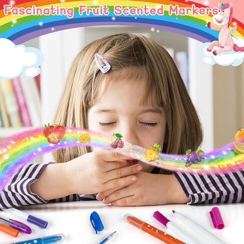 Biulotter 60pcs Fruit Scented Markers Set with Unicorn Pencil Case for Girls,Scented Markers for Kids,Coloring Set for Kids Ages 4-8,Art Supplies for Kids 4-6, Birthday Chirstmas Easter Gifts in Kuwait