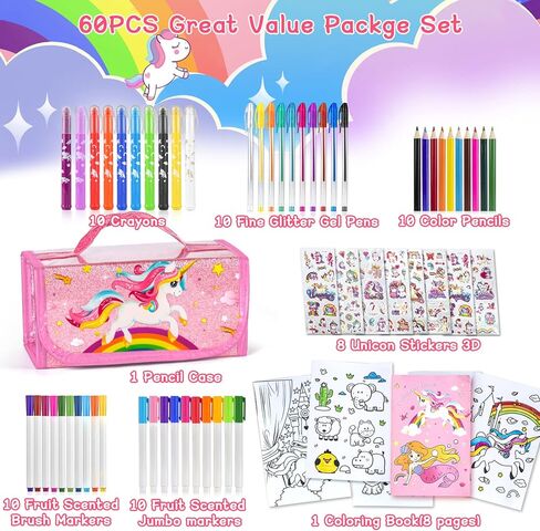 Biulotter 60pcs Fruit Scented Markers Set with Unicorn Pencil Case for Girls,Scented Markers for Kids,Coloring Set for Kids Ages 4-8,Art Supplies for Kids 4-6, Birthday Chirstmas Easter Gifts in Kuwait