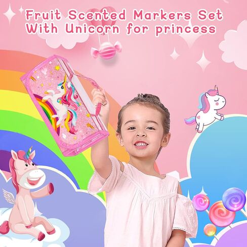 Biulotter 60pcs Fruit Scented Markers Set with Unicorn Pencil Case for Girls,Scented Markers for Kids,Coloring Set for Kids Ages 4-8,Art Supplies for Kids 4-6, Birthday Chirstmas Easter Gifts in Kuwait