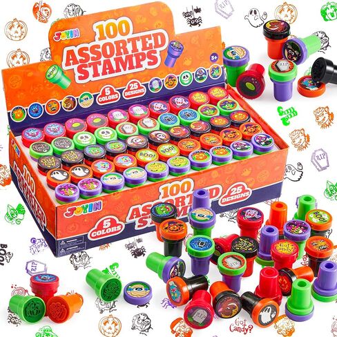 JOYIN 100 Pieces Halloween Assorted Stampers Kids Self-Ink Stamps (25 Designs, 4 Colors Trick or Treat Spooky Stamps) for Halloween Party Supplies, Goodies Bags, Classroom Game Reward Prizes in Saudi Arabia