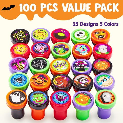 JOYIN 100 Pieces Halloween Assorted Stampers Kids Self-Ink Stamps (25 Designs, 4 Colors Trick or Treat Spooky Stamps) for Halloween Party Supplies, Goodies Bags, Classroom Game Reward Prizes in Saudi Arabia