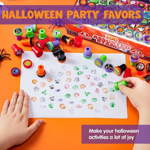 JOYIN 100 Pieces Halloween Assorted Stampers Kids Self-Ink Stamps (25 Designs, 4 Colors Trick or Treat Spooky Stamps) for Halloween Party Supplies, Goodies Bags, Classroom Game Reward Prizes in Saudi Arabia