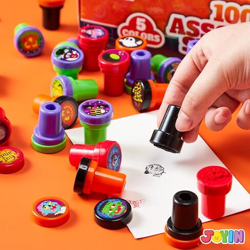 JOYIN 100 Pieces Halloween Assorted Stampers Kids Self-Ink Stamps (25 Designs, 4 Colors Trick or Treat Spooky Stamps) for Halloween Party Supplies, Goodies Bags, Classroom Game Reward Prizes in Saudi Arabia