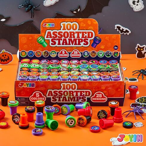 JOYIN 100 Pieces Halloween Assorted Stampers Kids Self-Ink Stamps (25 Designs, 4 Colors Trick or Treat Spooky Stamps) for Halloween Party Supplies, Goodies Bags, Classroom Game Reward Prizes in Saudi Arabia