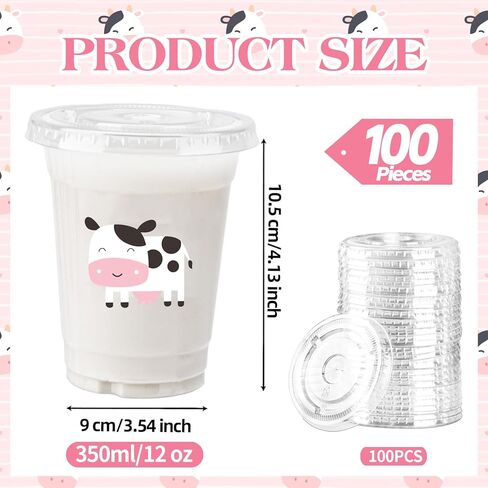 اكواب بلاستيكية شفافة للاستعمال مرة واحدة بطبعة بقرة من 100 قطعة، 12 اونصة، اكواب شرب للحفلات الغربية مع اغطية لزينة المزرعة والابقار وكاوبوي وراعي البقر واعياد الميلاد in Kuwait