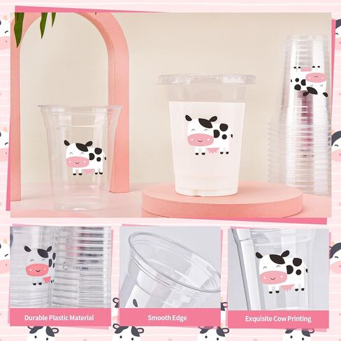 اكواب بلاستيكية شفافة للاستعمال مرة واحدة بطبعة بقرة من 100 قطعة، 12 اونصة، اكواب شرب للحفلات الغربية مع اغطية لزينة المزرعة والابقار وكاوبوي وراعي البقر واعياد الميلاد in Kuwait